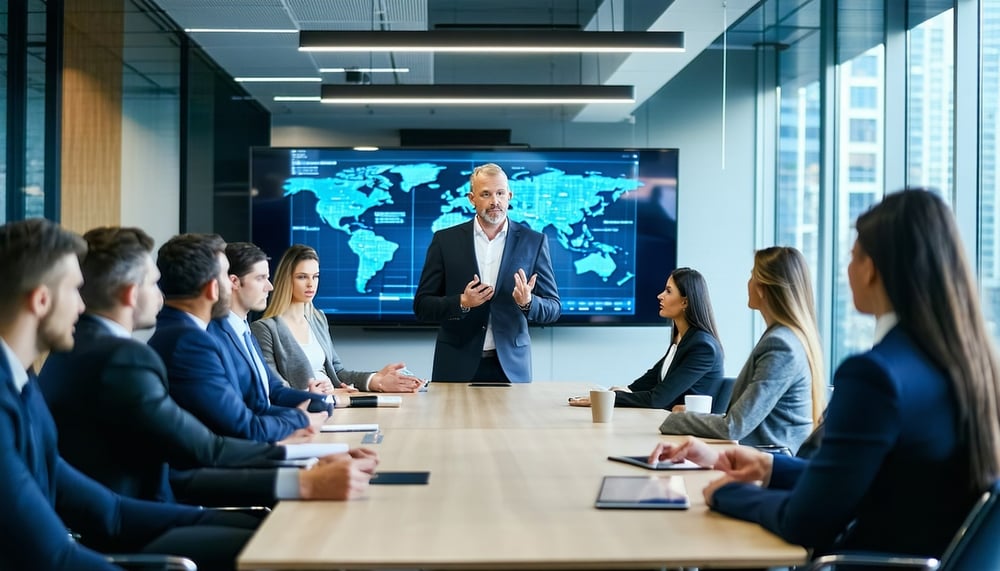 Boardroom meeting with cybersecurity advisor presenting to executives